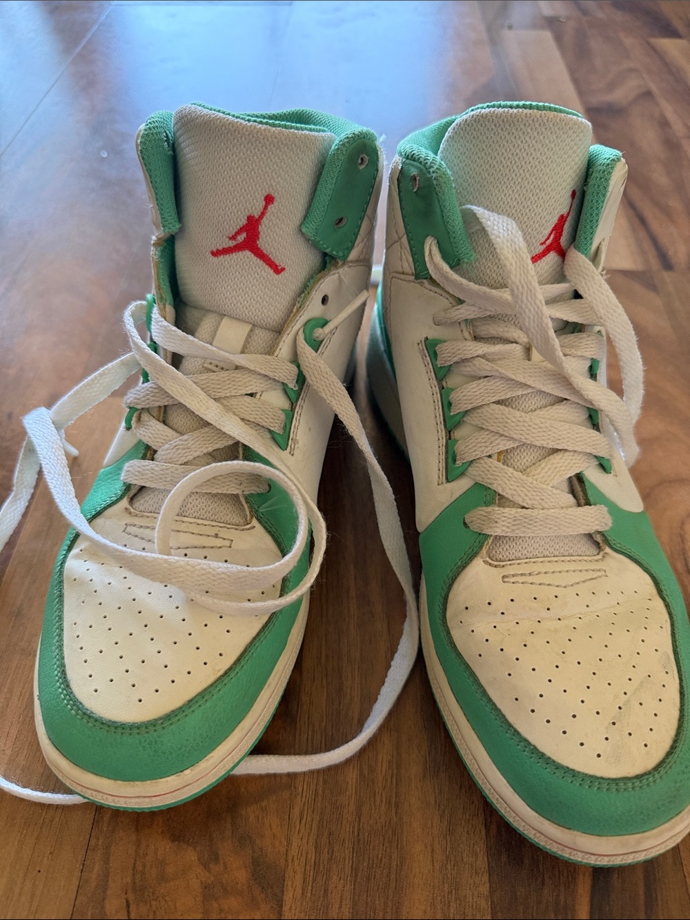 Jordan High-Top Sneakers in White, Mint & Red Accent